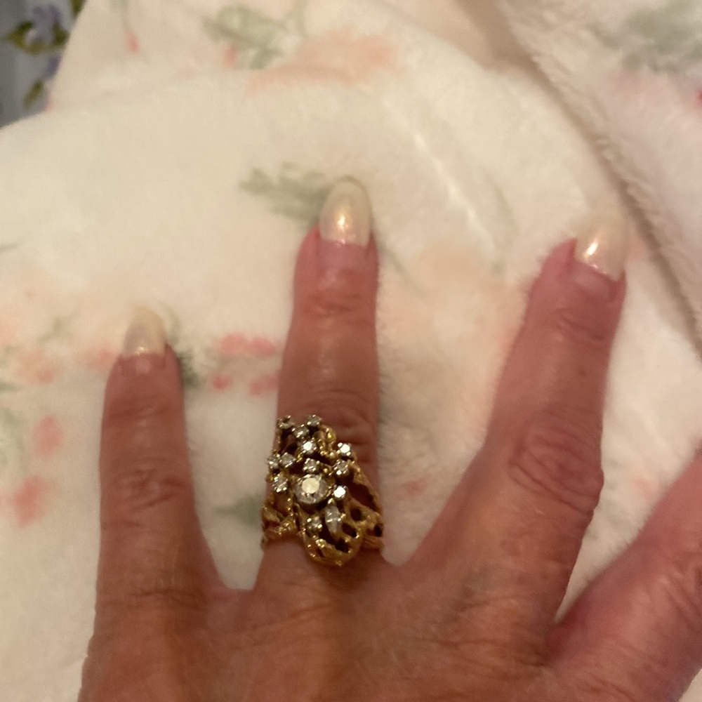 Gold filagree nugget ring 13 diamonds elegant 14kt gold - Picture 6 of 6